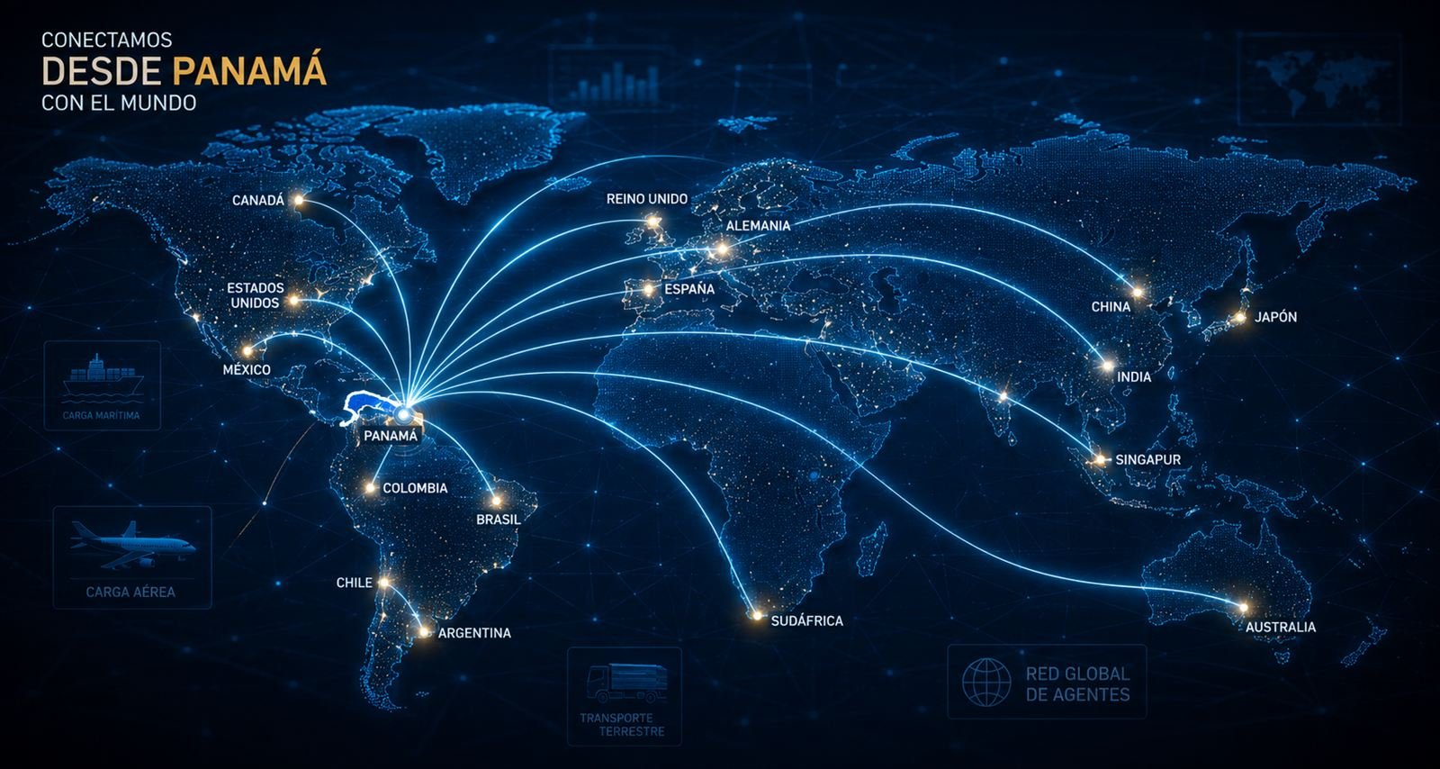 Mapa mundial: conectamos desde Panamá con el mundo — carga marítima, aérea y transporte terrestre